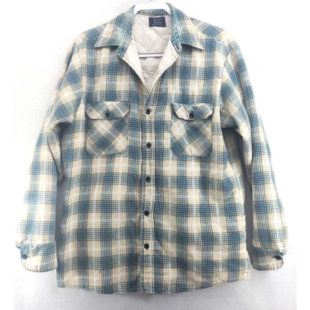 Vintage Sears Quilted Flannel Shirt Jacket Shacket Sz Lg 16 / 16½ Made In USA